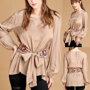 NEW Taupe Floral Embroidered Tie Waist Blouse Top